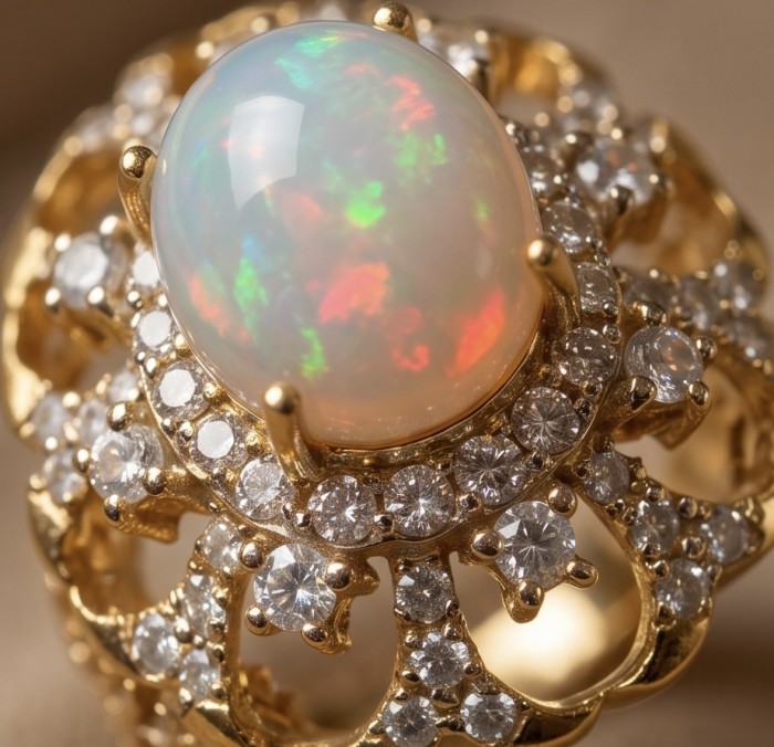 Vitage Victorian Design Genuine 8.8 carat Ethiopian Opal 22K Gold over .925 Sterling Silver handmade Ring size 6 1/4 - Close-up of Ethiopian opal ring with diamond accents on gold setting.