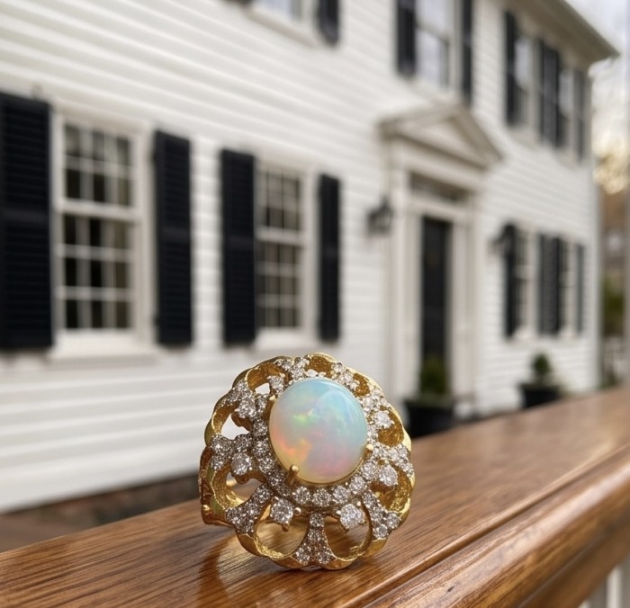 Vitage Victorian Design Genuine 8.8 carat Ethiopian Opal 22K Gold over .925 Sterling Silver handmade Ring size 6 1/4 - Opal ring close-up with ornate gold and diamond setting on wooden rail