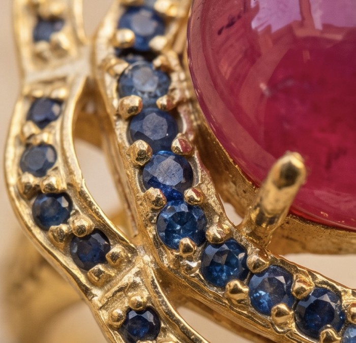 Opera Genuine 28.5 CARAT Mozambique Ruby 22K Gold over .925 Sterling Silver Large Statement Ring size 7 - Close-up of Mozambique ruby ring with sapphires in gold setting