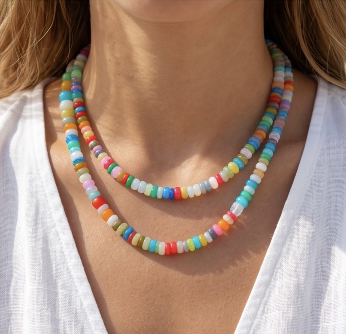 My Rainbow 11.2 carat Australian multicolor Opal .925 Sterling Silver .925 Sterling Silver Statement Necklace - Necklace with multicolor opal beads, worn view.