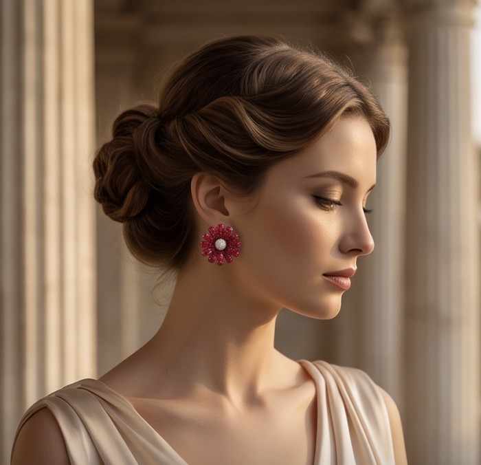 Giuseppina - mystery setting 9.8 carat authentic Mozambique Ruby .925 Sterling Silver handcrafted Statement earrings - Woman wearing Giuseppina 9.8 carat Mozambique earrings, side view.