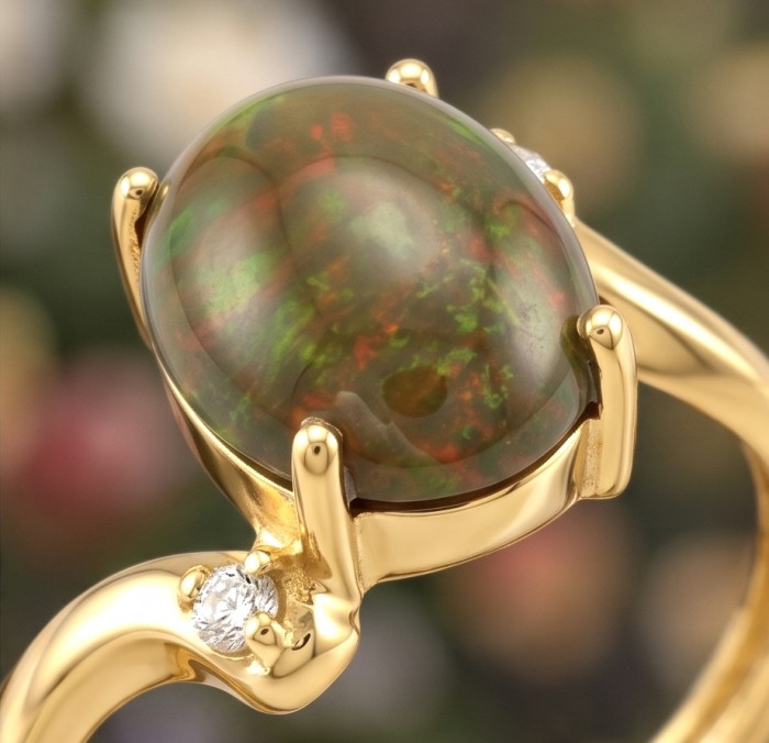 A Milky Way Genuine 4.8 carat Black Opal 18K Gold over .925 Sterling Silver handmade Ring size 8 - Close-up of Milky Way Black Opal ring with 18K gold setting.