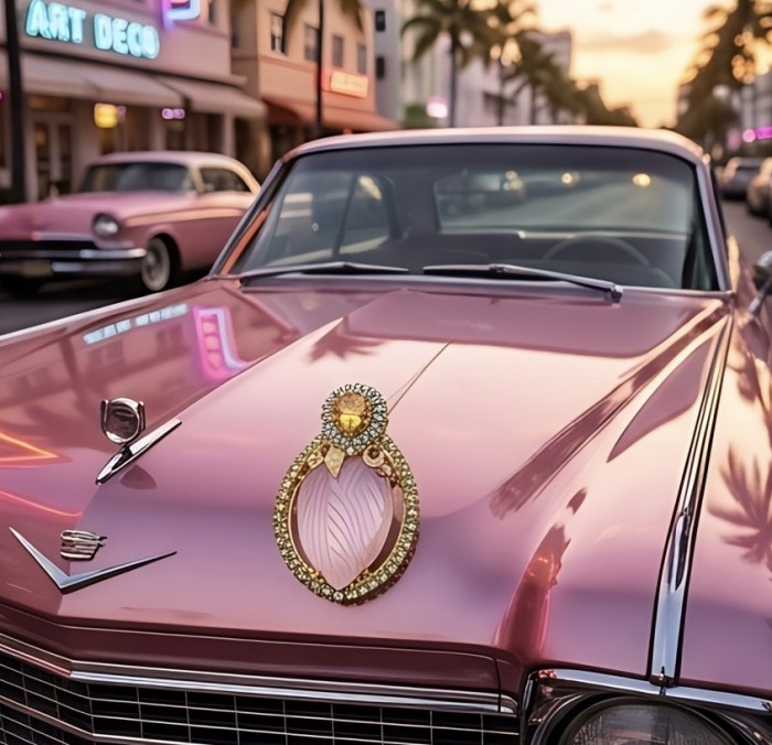 Vintage Floral design genuine 41.5 carat carved Brazilian Rose Quartz 18k Gold over .925 Sterling Silver handmade Pendant - Brooch - Close-up of vintage floral brooch on pink car hood in cityscape backdrop.