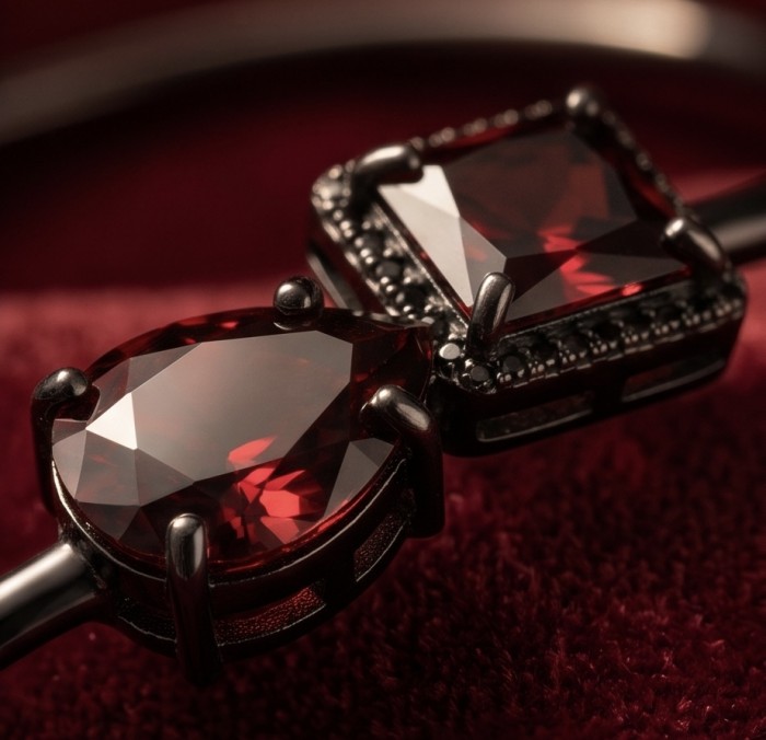 Precious Genuine 8.7 carat Garnet .925 Sterling Silver dipped in black rhodium handcrafted Bracelet - Close-up of garnet stones in sterling silver setting.