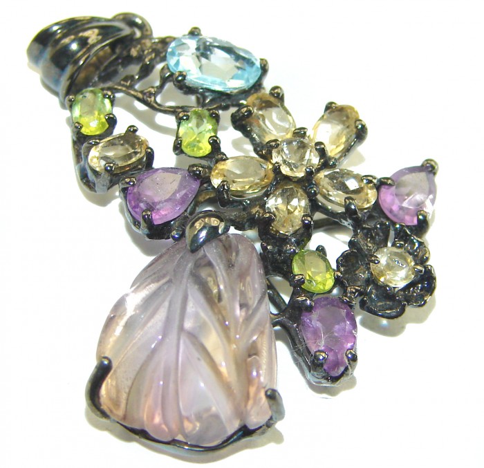 Natural carved Pink Ametrine black rhodium over .925 Sterling Silver Pendant - photo 1