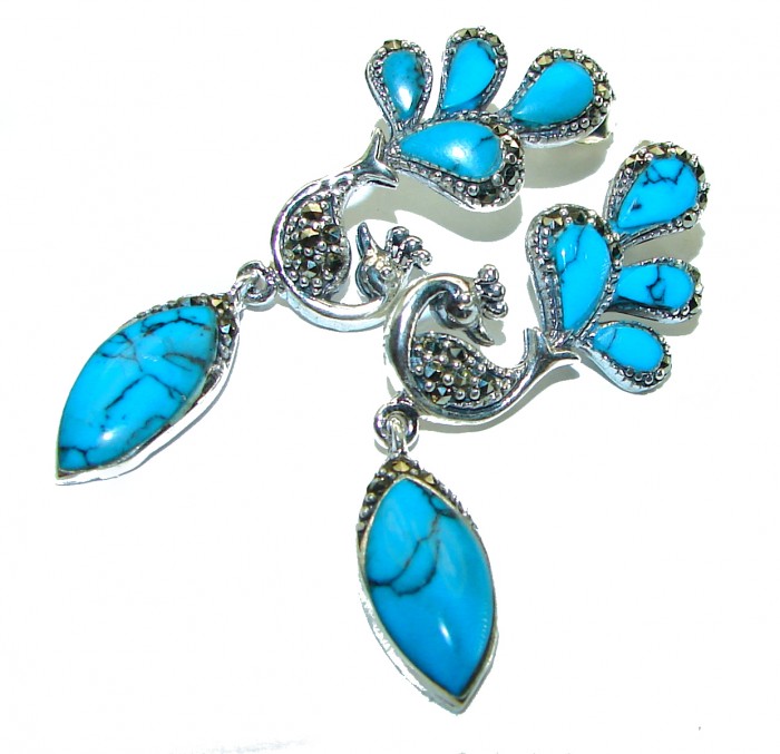 Great authentic inlay Turquoise .925 Sterling Silver handcrafted Earrings - photo 2