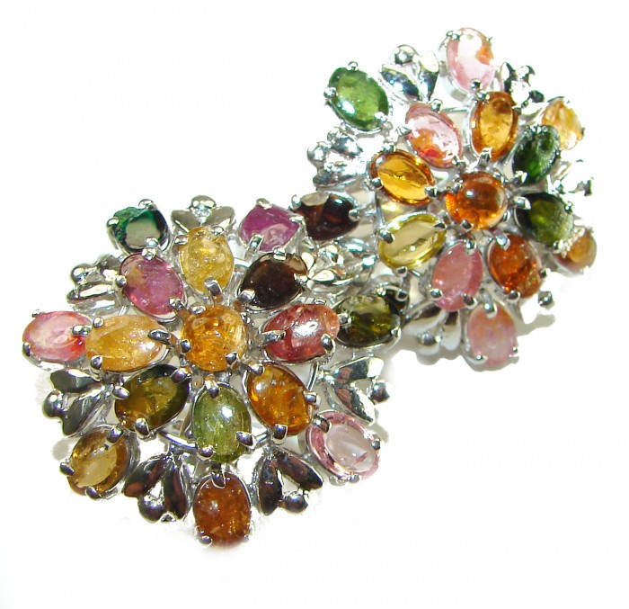 Luxurious 35.5 ctw Brazilian Watermelon Tourmaline .925 Sterling Silver handcrafted Statement earrings - Luxurious multicolored tourmaline earrings, front view.