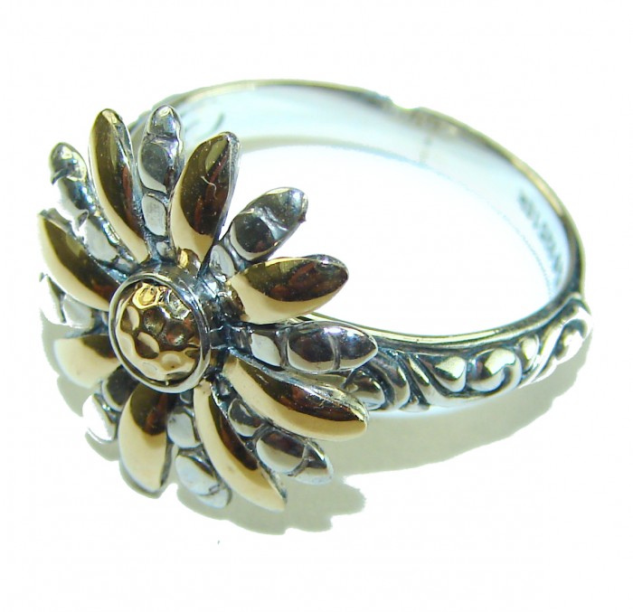 Fancy Flower 2 tones .925 Sterling Silver Perfectly handcrafted Ring s. 8 - Side view of Fancy Flower two-tone sterling silver ring.