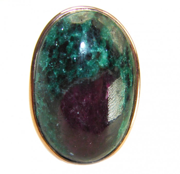 Natural Eudialyte 14K Gold over .925 Sterling Silver Large Ring s. 8 adjustable - Close-up of natural eudialyte in 14K gold over sterling silver setting