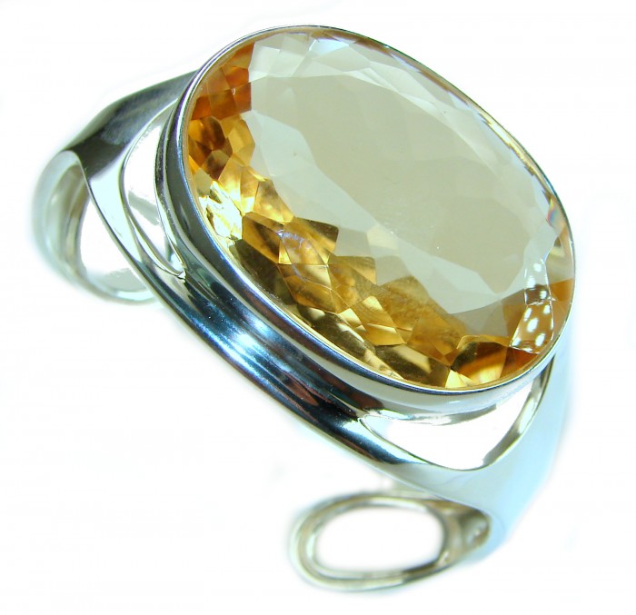 Simplicity 85.5 carat Genuine Lemon Quartz handcrafted .925 Sterling Silver Bracelet / Cuff - Side view of handcrafted ring with 85.5 carat lemon quartz stone.
