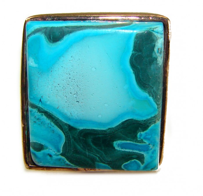Authentic Parrot's Wing Chrysocolla 18K Gold over .925 Sterling Silver handcrafted ring size 8 - Close-up of Parrot's Wing Chrysocolla in 18K gold over .925 sterling silver