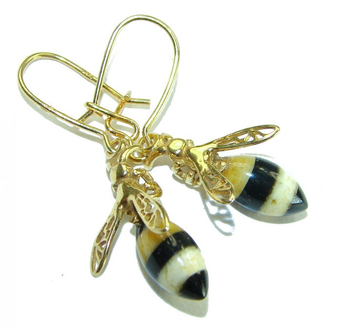 Very Special product - Wonderful Bees Baltic Amber 18K Gold over .925 Sterling Silver entirely handcrafted earrings - Bee-shaped earrings close-up with striped amber and 18K gold details
