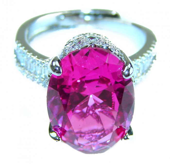 Blooming Beauty 8.8 carat baquette cut Pink Sapphire .925 Silver handcrafted Cocktail Ring s. 7 - Close-up of 8.8 carat pink sapphire ring with diamond details.