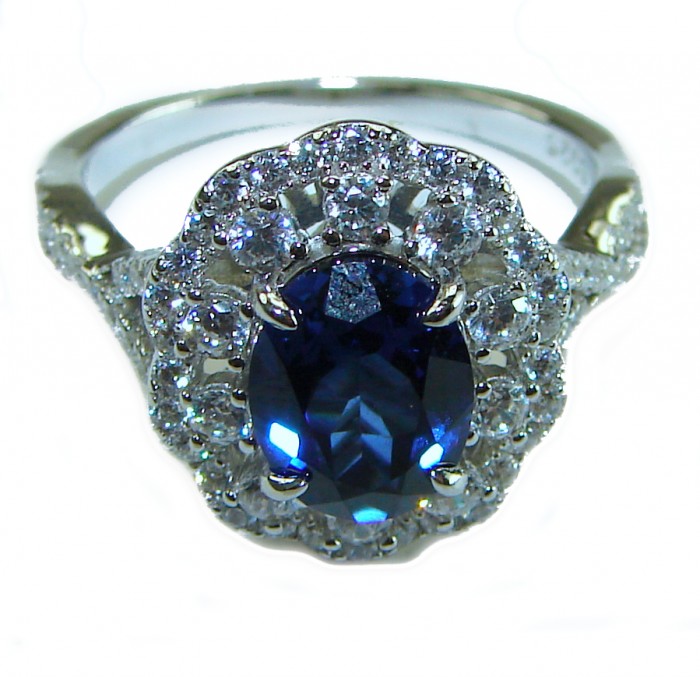 Luxurious 4.8 carat Sapphire .925 Sterling Silver handcrafted Ring size 8 - Close-up of luxurious sapphire ring with diamond halo detail