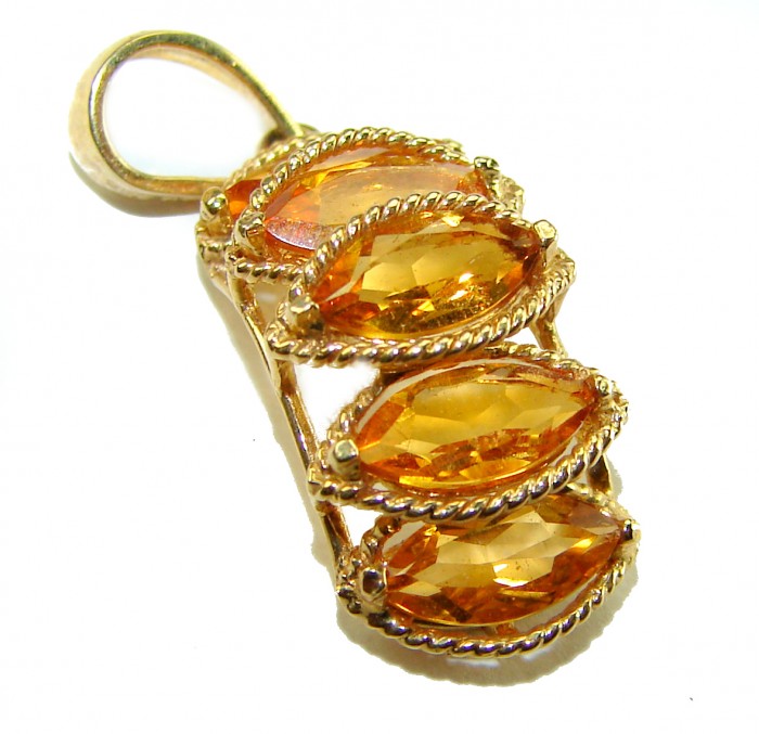 Authentic fancy cut 7.5 carat Citrine 14K REAL stamped Gold handcrafted Statement Pendant - Side view of fancy cut citrine pendant in 14K gold setting.