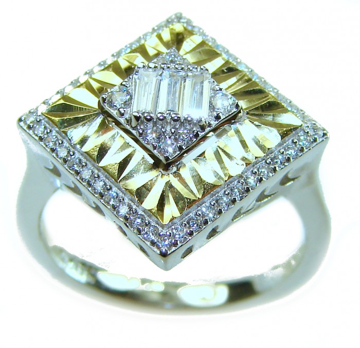 Art Deco 15.2 carat White Topaz 2 tones .925 Silver handcrafted Cocktail Ring s. 8 - Angle view of an Art Deco white topaz and silver ring with intricate design.