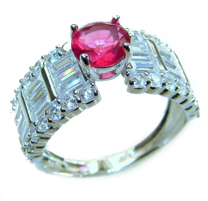 Authentic 3.5 carat Pink Tourmaline .925 Sterling Silver handcrafted Statement ring size 6 - Side view of pink tourmaline ring with sterling silver and diamonds.