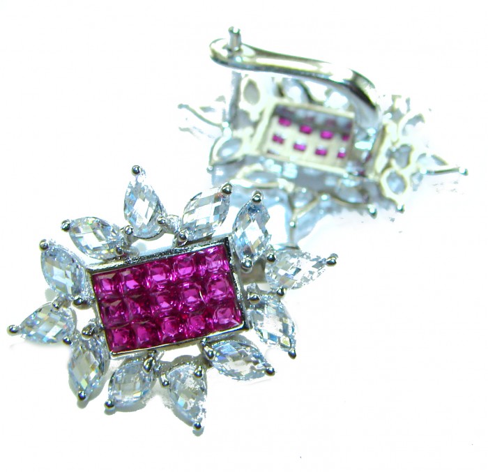 Precious - Art Deco 12.2 carat Ruby .925 Sterling Silver handmade earrings - Close-up of Art Deco ruby and sterling silver earrings detailing stones.