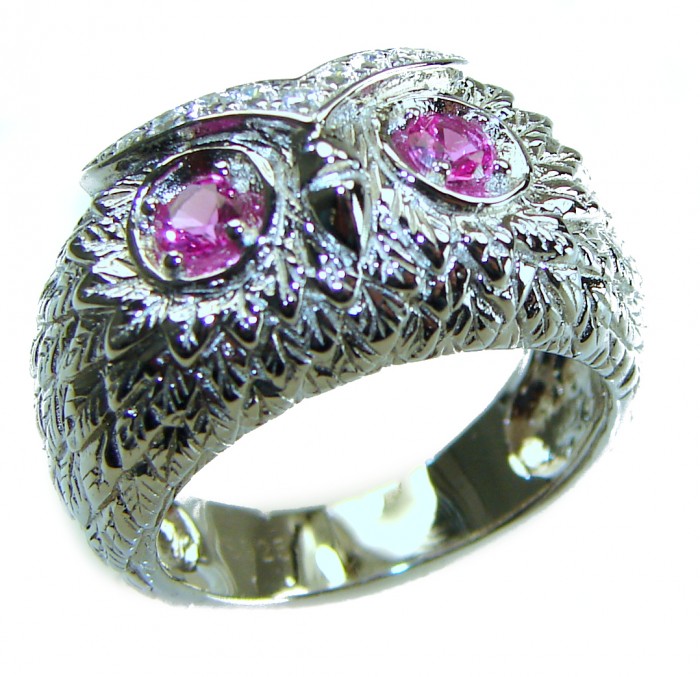 Owl 2.1 carat Pink Tourmaline Eyes .925 Sterling Silver dipped in real Gold handmade Ring size 7 1/4 - Side view of owl ring with pink tourmaline eyes in sterling silver.
