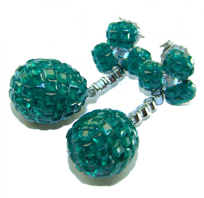 Giovanna - Authentic 21.9 carat Emerlad .925 Sterling Silver handcrafted earrings - Emerald earrings close-up, detailed stone texture, silver accents