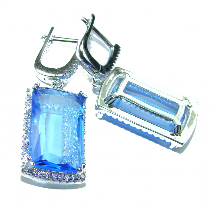Eau Pure 14.5 carat Swiss Blue Topaz .925 Sterling Silver Handcrafted Earrings - Sterling silver earrings with Swiss blue topaz, side view.