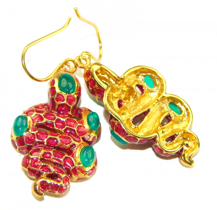 Red Cobra Snakes Genuine Enamel Ruby 24K Gold over .925 Sterling Silver handcrafted Earrings - Red cobra earrings with ruby detail, 24K gold, close-up angle.