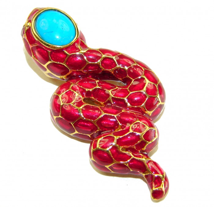 INCREDIBLE Red Snake Natural Ruby Enamel Snake 14K Gold over .925 Sterling Silver Pendant - Red snake brooch with turquoise head, top view.
