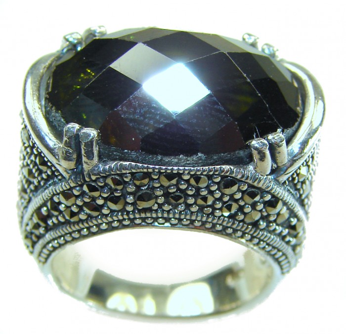 Green Royalty - Huge 28.5 carat Green Tourmaline .925 Sterling Silver handcraftedv STATEMENT ring; s. 7 1/4 - Close-up of Green Tourmaline ring with ornate .925 sterling silver band.
