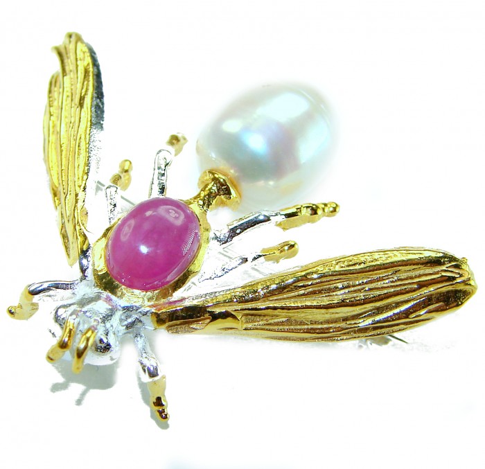 Ruby Bee genuine Enamel Pearl 14K Gold over .925 Sterling Silver handmade Pendant - Brooch - Bee brooch with ruby and pearl, top view, gold and silver detailing