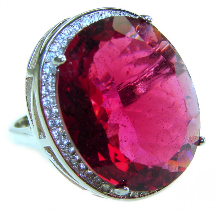 Natural 35.9 carat Red Topaz .925 Sterling Silver handmade Statement Ring size 7 - Close-up of 35.9 carat red topaz in .925 sterling silver setting.