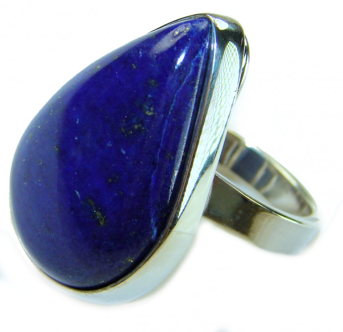 Natural 19.5 carat Lapis Lazuli .925 Sterling Silver handcrafted ring size 8 adjustable - Close-up of teardrop Lapis Lazuli ring in .925 Sterling Silver setting.