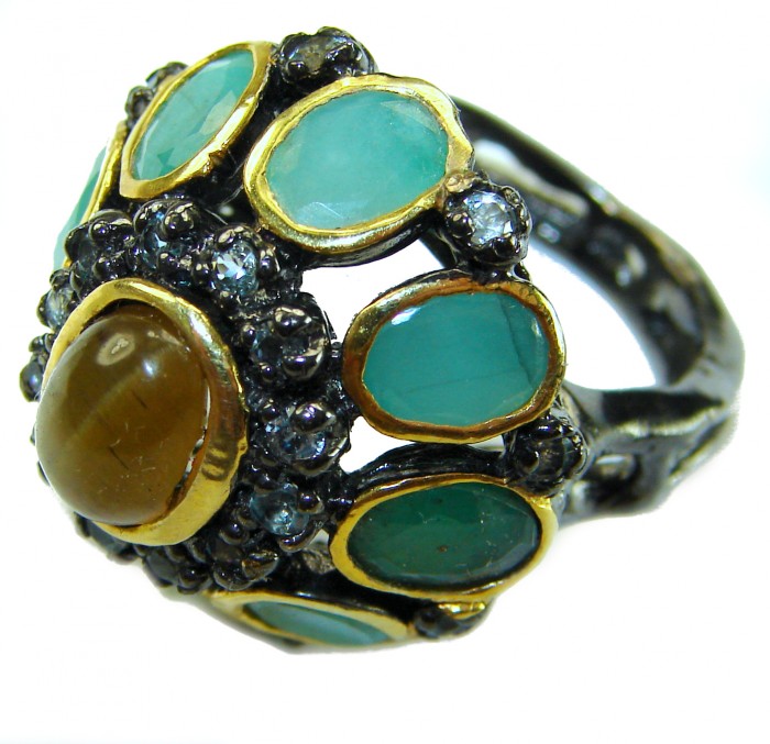 Serenity 12.5 carat Golden Calcite Emerald black Rhodium over .925 Sterling Silver Ring s. 6 - Close-up of Serenity ring with emeralds and a central golden calcite stone.
