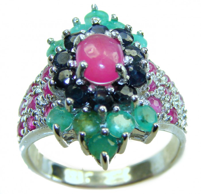 Real Beauty Natural 8.4 carat Ruby .925 Sterling Silver handmade Statement Ring size 7 - Ruby and gemstone sterling silver ring, top view close-up.