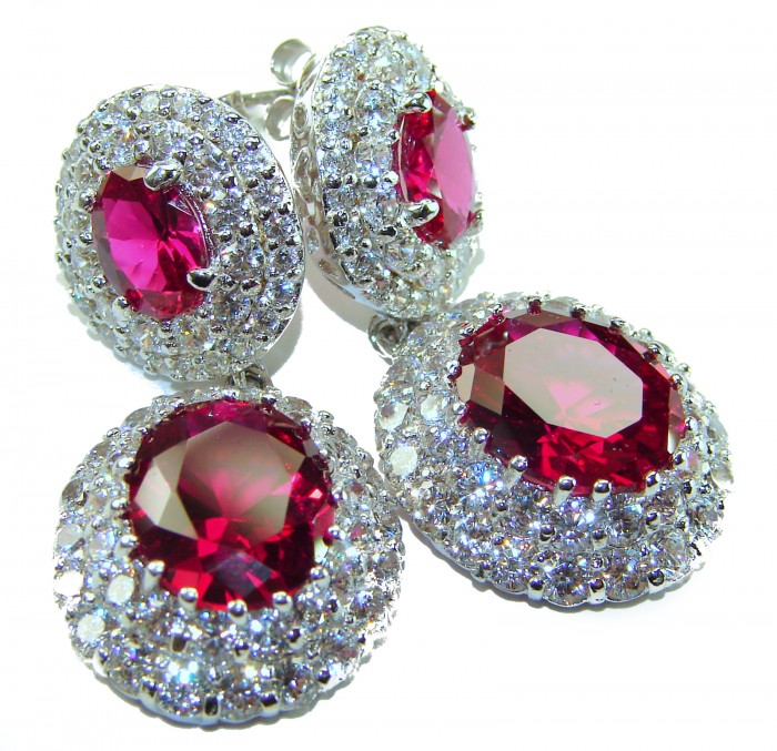 Luxurious natural 10.5 carat Red Topaz .925 Sterling Silver Perfectly handcrafted Earrings - Close-up of red topaz earrings in .925 sterling silver settings