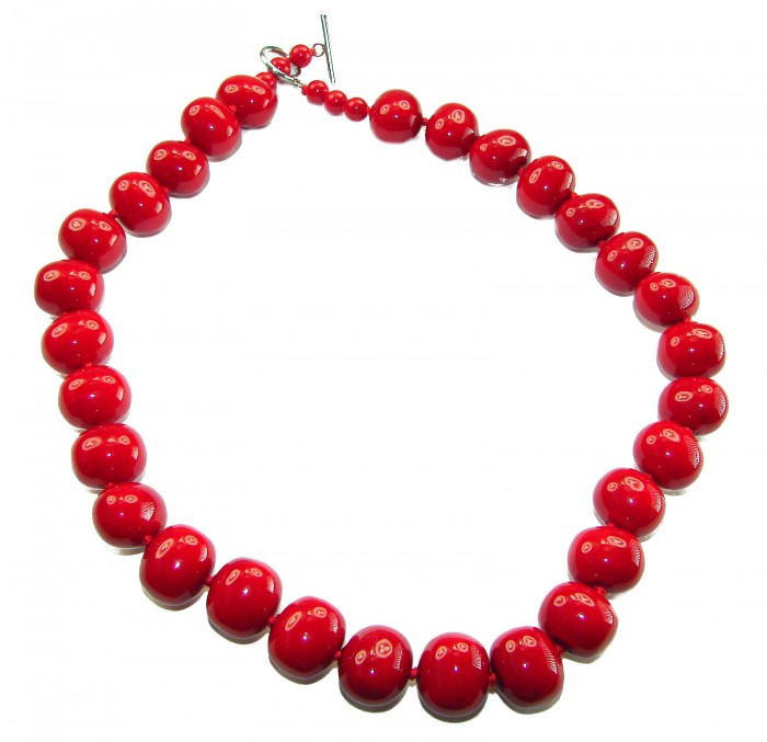 Konstancia Sublime natural Red Fossilized Coral Sterling Silver handmade Necklace - Red fossilized coral necklace, top view, showing full strand and clasp.