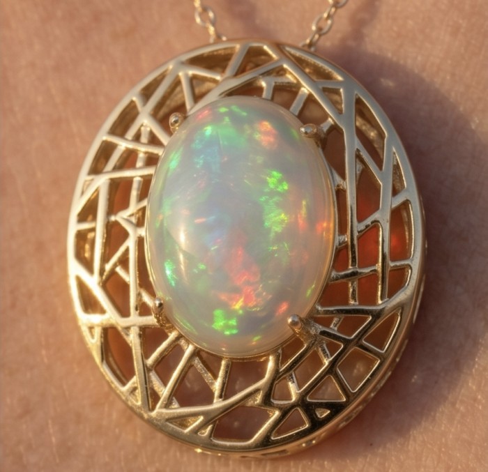 Earth Treasure Authentic 12.8 carat Golden Ethiopian Opal 22K Gold over .925 Sterling Silver handcrafted Statament Necklace - Close-up of 12.8 carat Ethiopian opal pendant with gold lattice design