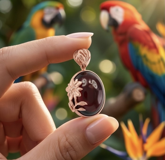Marvelous Natural 14.8 carat Mozambique Garnet 18K Rose Gold over .925 Sterling Silver Handcrafted pendant - Close-up of garnet pendant with parrot in the background