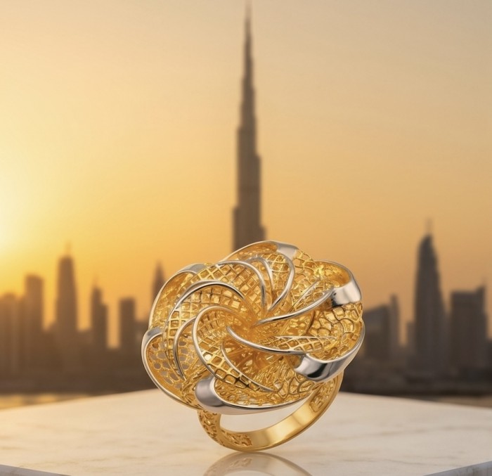 Dubai Style - .925 Sterling Silver dipped in 22K Gold handmade Large ring size 7 1/2 - Gold-plated silver ring, artistic design, Dubai skyline background.