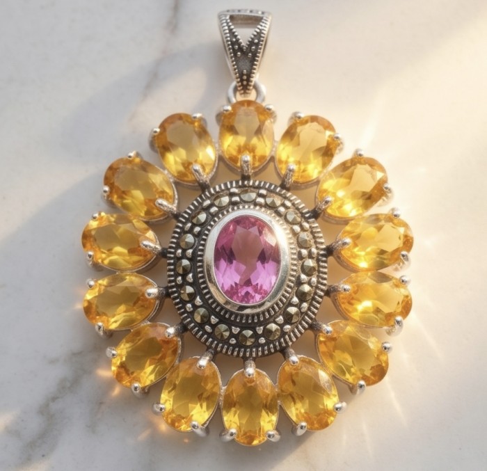 Joy - Incredible 4.8 carat Pink Sapphire rhodium over .925 Sterling Silver handcrafted pendant - Front view of pink sapphire pendant with yellow gemstones.