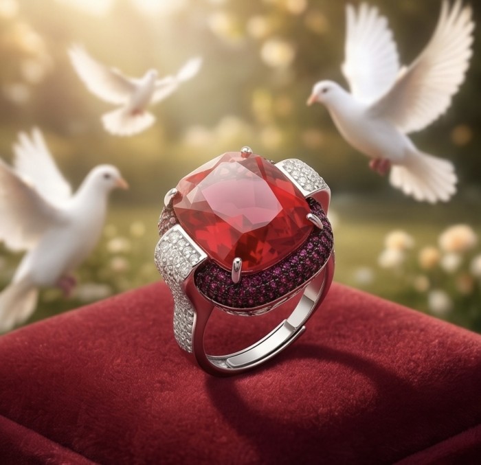 Art Deco 18.6 ctw Red Topaz 4.2 carat pave Ruby .925 Sterling Silver handcrafted Statement Ring size 7 adjustable - Red topaz ring on velvet, front view with doves in background.