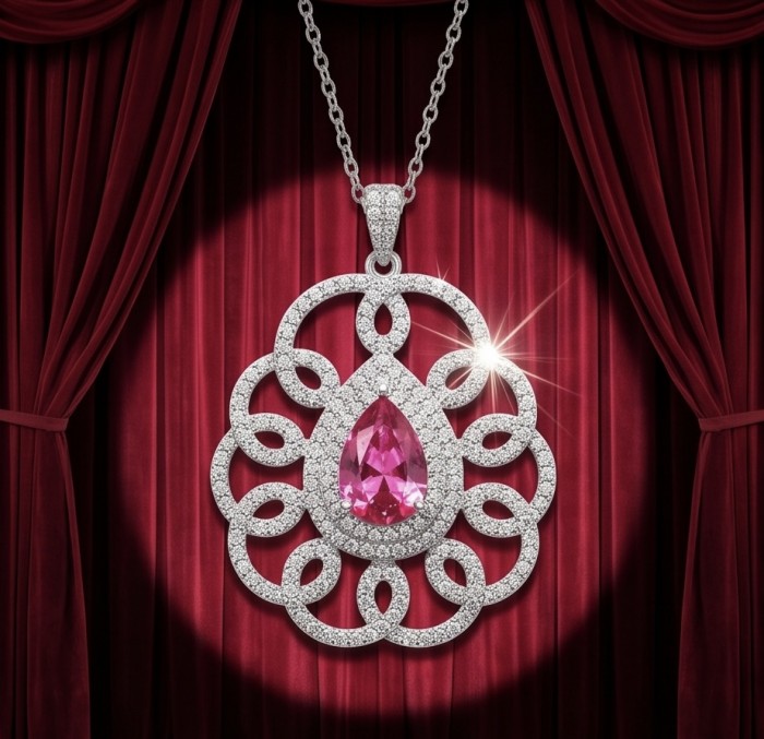 Giovanna - Magnificent Jewel 6.8 carat Ruby .925 Sterling Silver handcrafted incredible Statement Necklace - Front view of ornate ruby pendant with diamond accents on red curtain backdrop.
