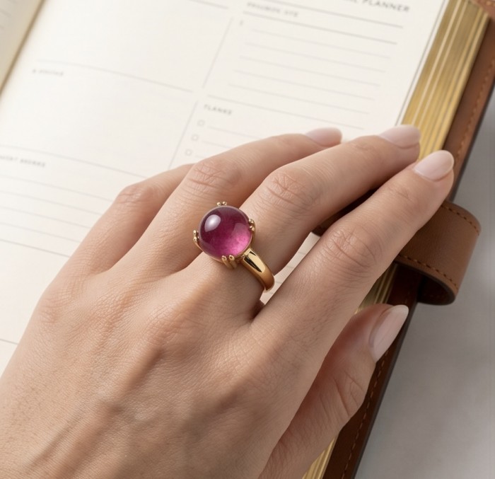 Scarlett 12.7 ctw Mozambique Ruby .925 Sterling Silver dipped in 22K Gold handcrafted Statement Ring size 4 1/2 - Ruby ring worn on hand, close-up over planner.