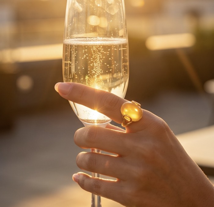 Vintage Style Authentic Golden Butterscotch Baltic Amber 18K Gold over .925 Sterling Silver entirely handcrafted ring; s. 6 - Amber ring on hand holding a champagne glass in sunlight.