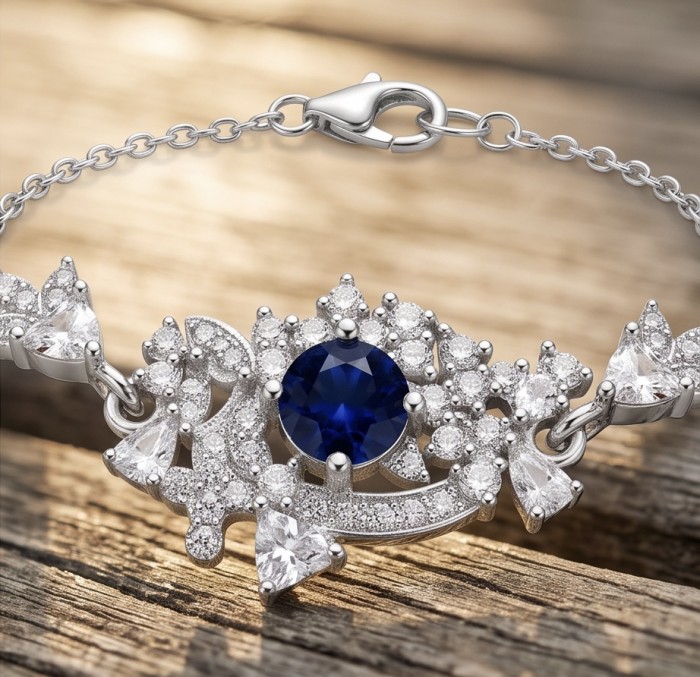 Vintage style - Giovanna - oval pear cut 6.8 carat Sapphire .925 Sterling Silver handcrafted Statement Bracelet - Close-up of vintage bracelet with sapphire and diamond accents.