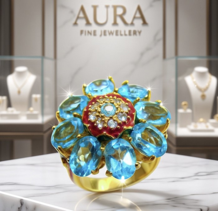 Enchanted Flower 25.3 carat Swiss Blue Topaz .925 Sterling Silver dipped in 22K Gold handcrafted ring size 7 1/4 - Close-up of Enchanted Flower ring with Swiss Blue Topaz stones.