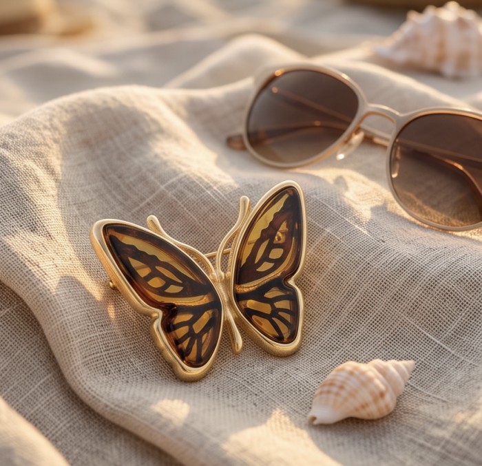 Golden Butterfly natural carved Baltic Amber .925 Sterling Silver dipped in 22K Real Gold handmade Pendant - Golden butterfly Baltic amber brooch on cloth with sunglasses and shell