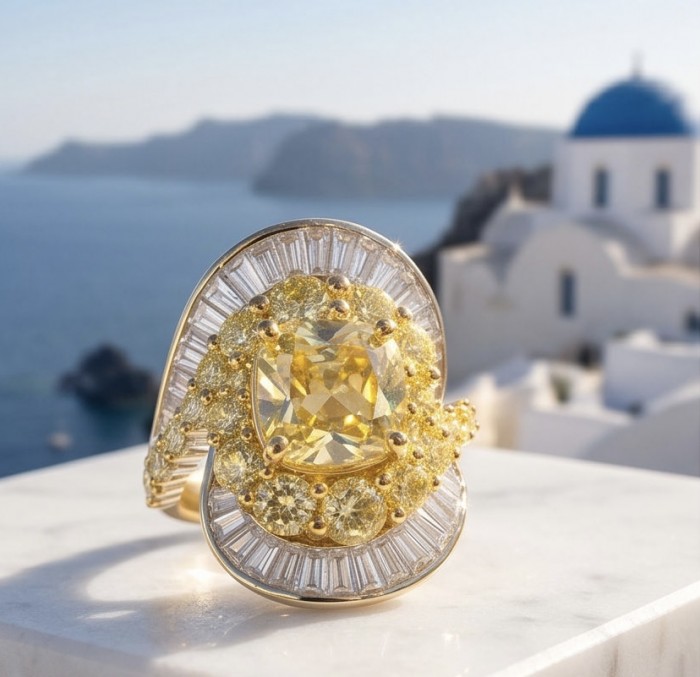 Wearable Art - Art Deco - Solid 25.8 carat Genuine Yellow Sapphire .925 Sterling Silver handcrafted ring size 7 1/4 - Close-up of Art Deco ring with yellow centerpiece diamond.