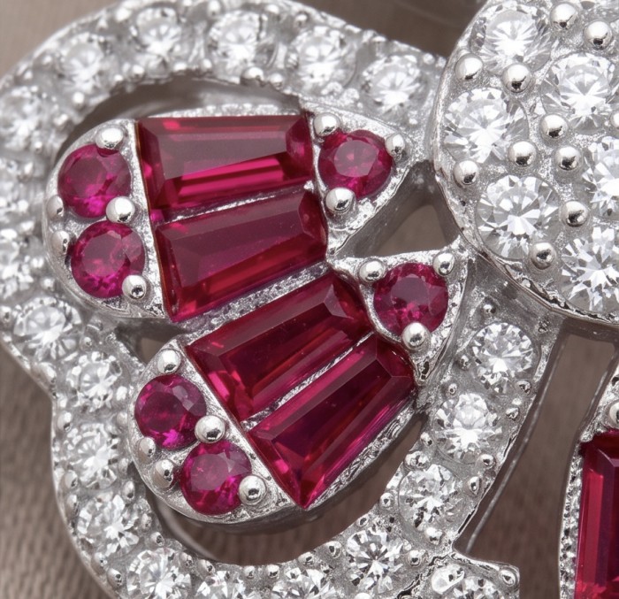 Izabella Luxurious natural 6.8 carat Ruby rhodium over .925 Sterling Silver handmade incredible ring s. 6 - Close-up of ruby and diamond detail on Izabella Luxurious jewelry.