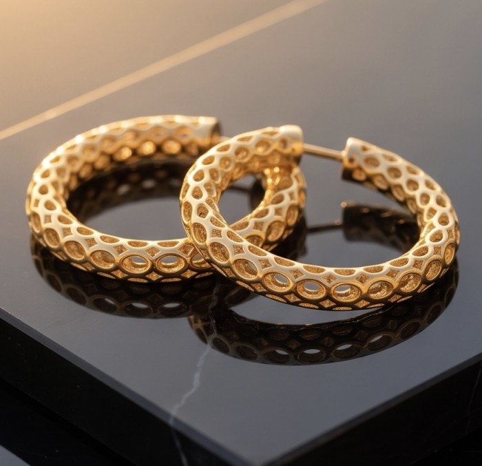 Black Label Collection - Dubai Style - Natural 22K Gold over .925 Sterling Silver handmade earrings - Close-up of gold hoop earrings with textured pattern on black surface.