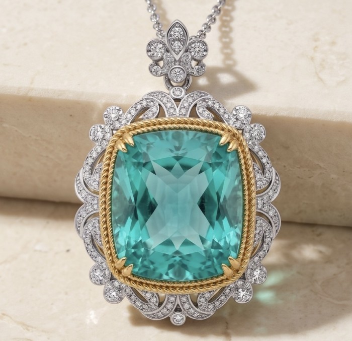Brazilian's Briliance - emerald cut 33.7 carat Paraiba Tourmaline 2 tones .925 Sterling Silver handcrafted necklace - Close-up of ornate pendant with emerald-cut Paraiba Tourmaline stone.